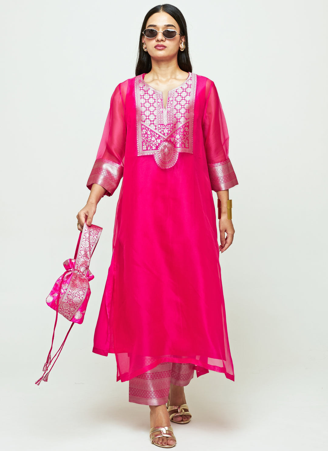 Pink Organza Kurta Pants Set
