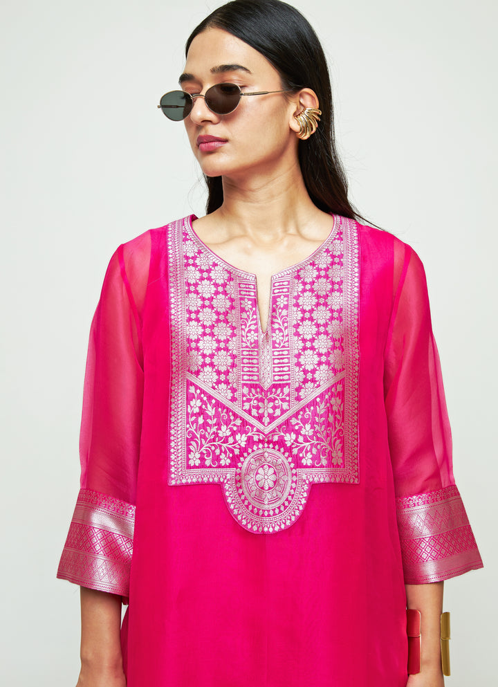Pink Organza Kurta Pants Set