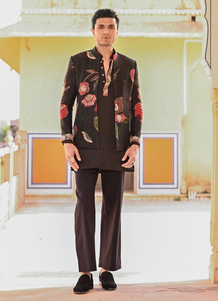 Black Kurta Pants Set with Printed Organza Achkan
