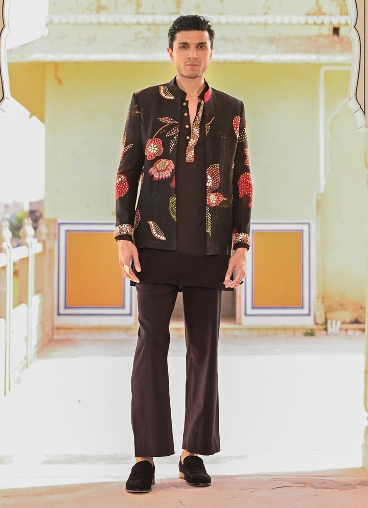 Black Kurta Pants Set with Printed Organza Achkan