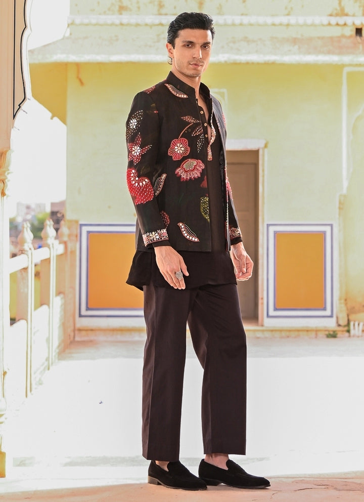 Black Kurta Pants Set with Printed Organza Achkan
