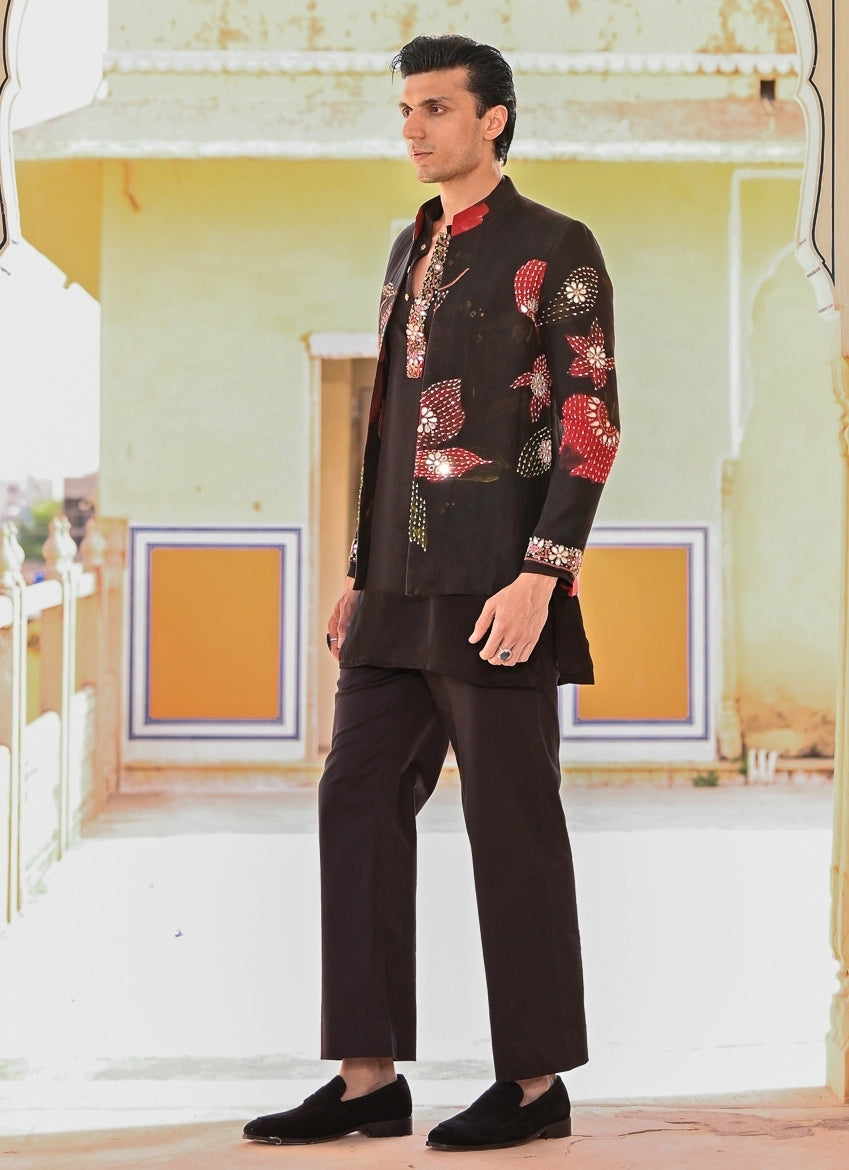 Black Kurta Pants Set with Printed Organza Achkan