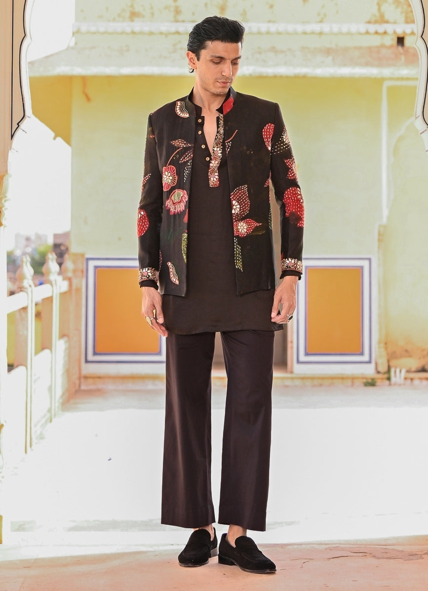 Black Kurta Pants Set with Printed Organza Achkan