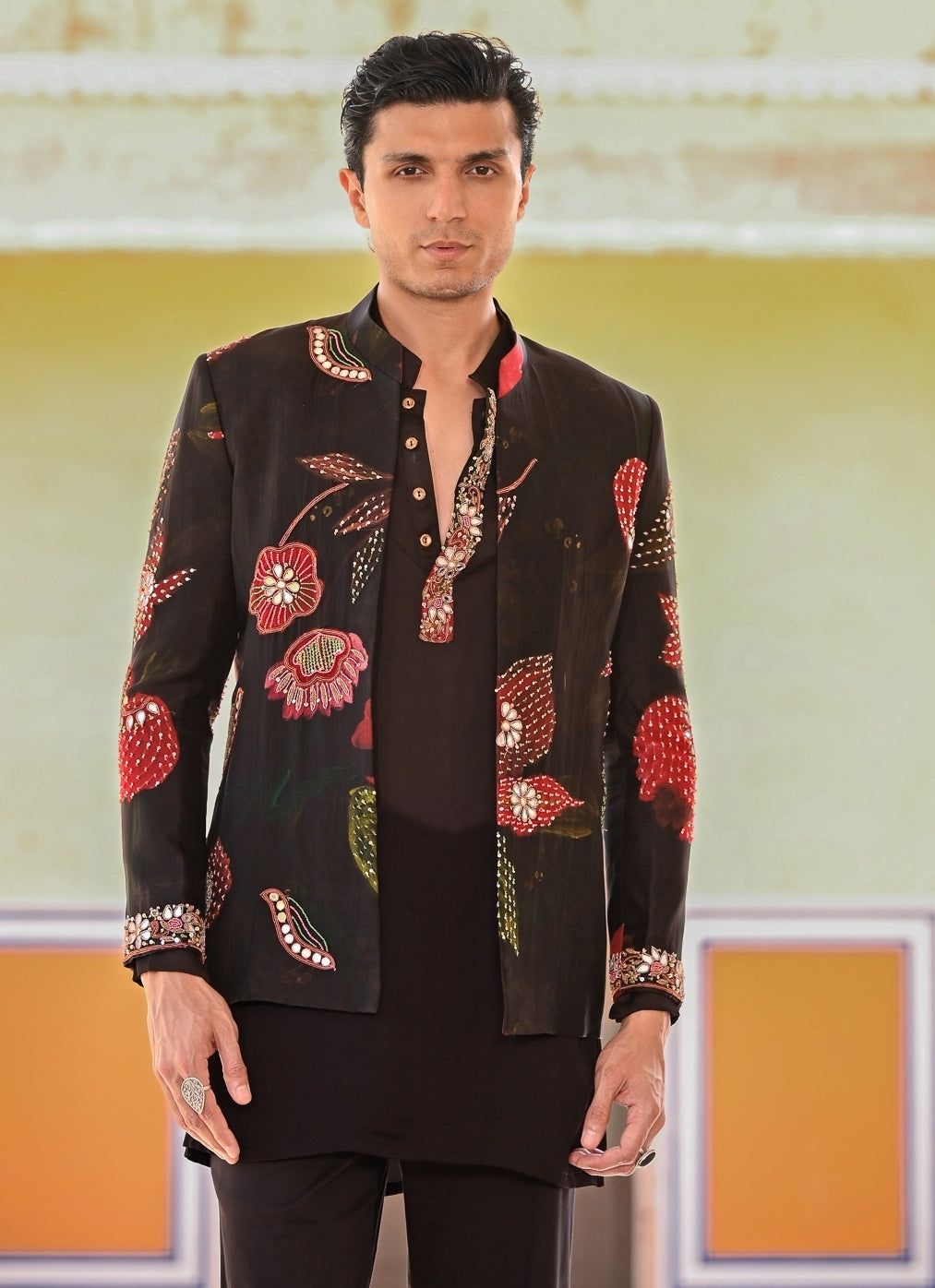 Black Kurta Pants Set with Printed Organza Achkan