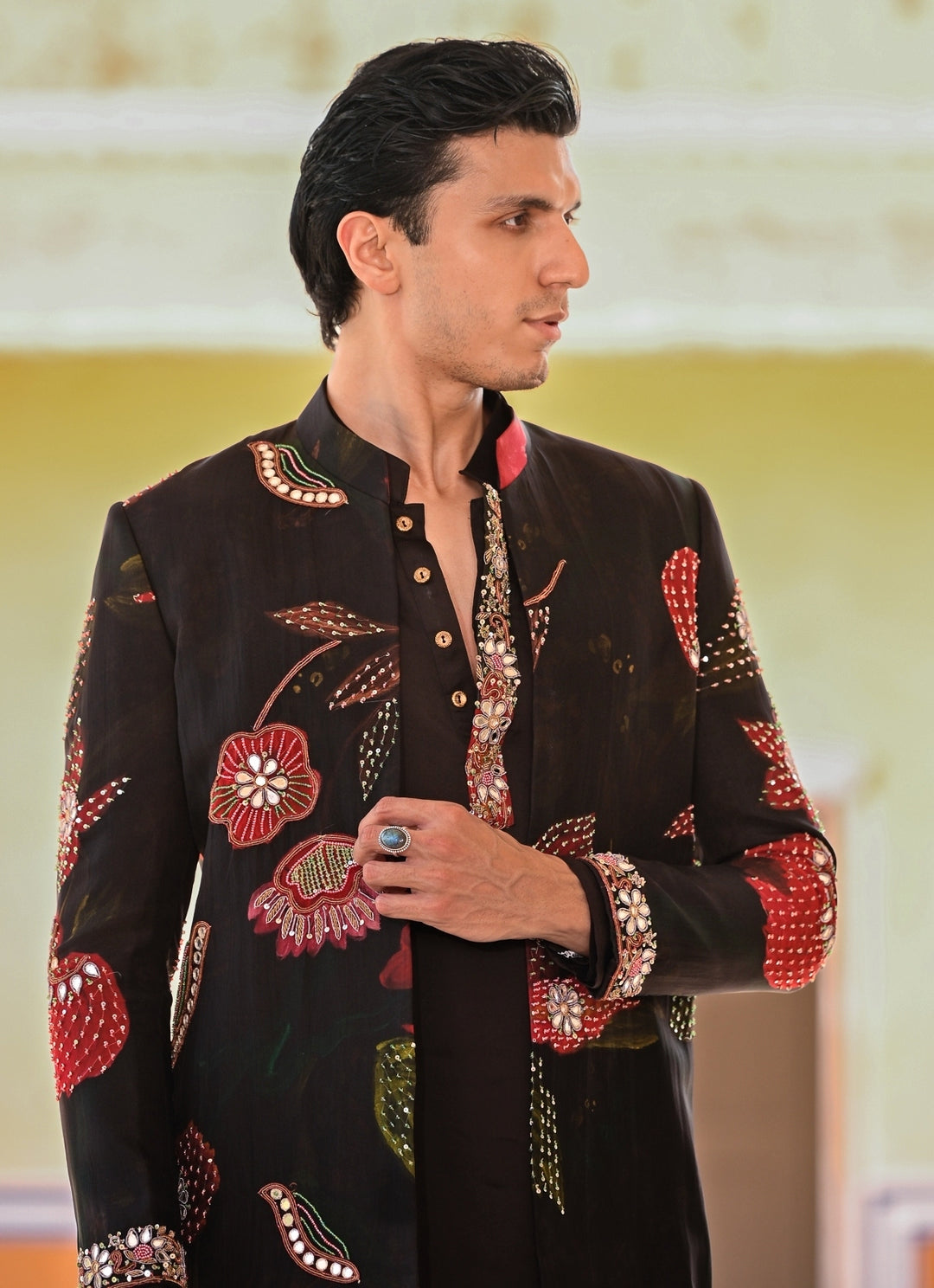 Black Kurta Pants Set with Printed Organza Achkan