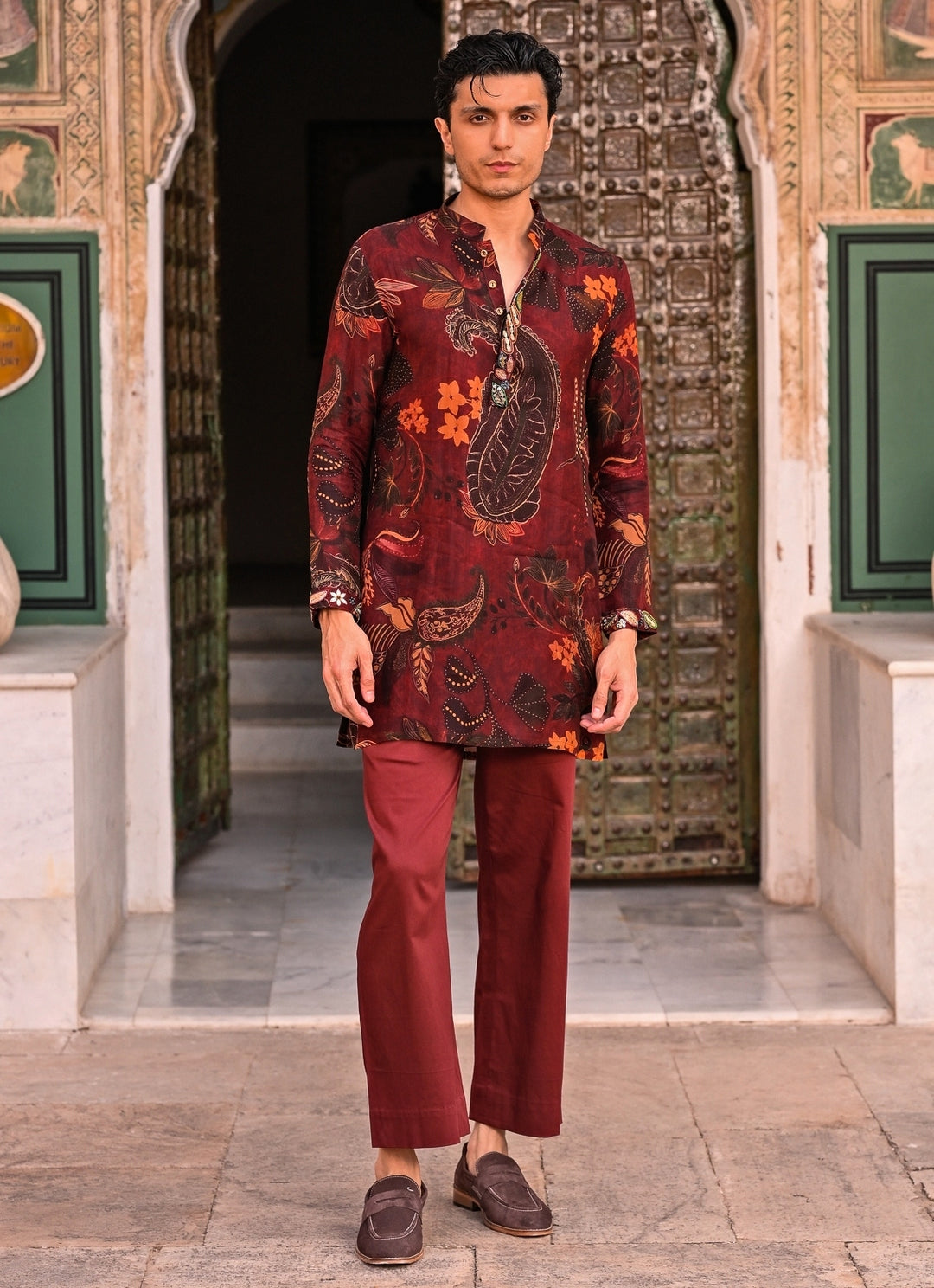 Maroon Red Floral Organza Kurta Pants Set