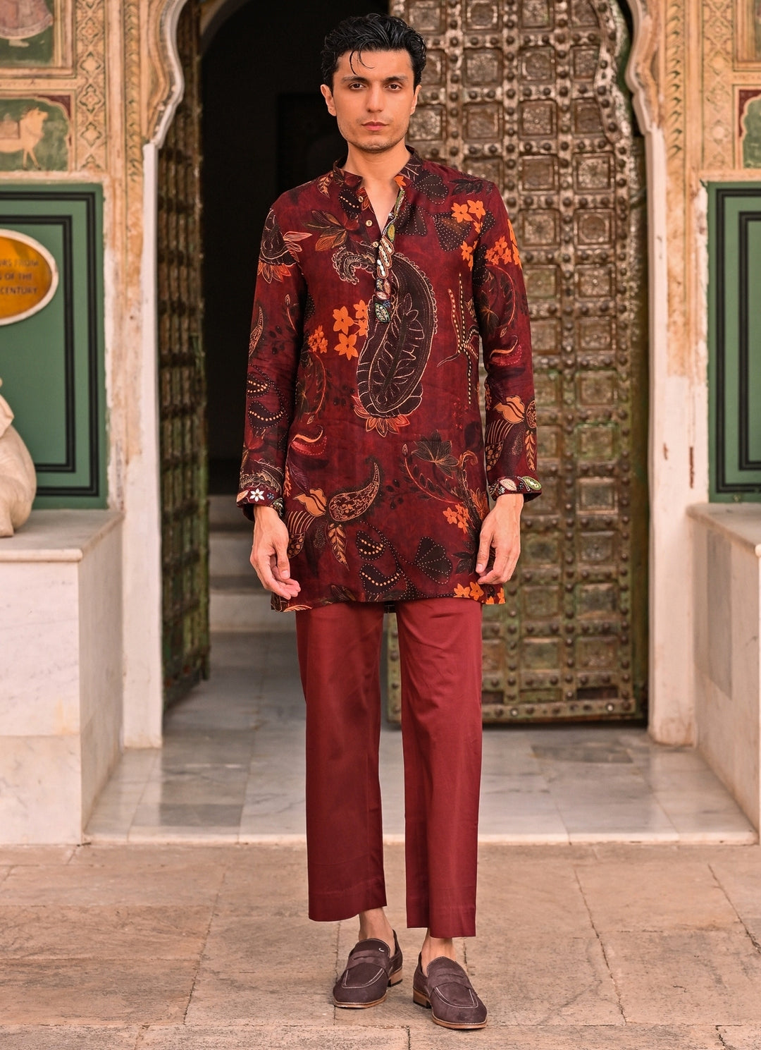Maroon Red Floral Organza Kurta Pants Set