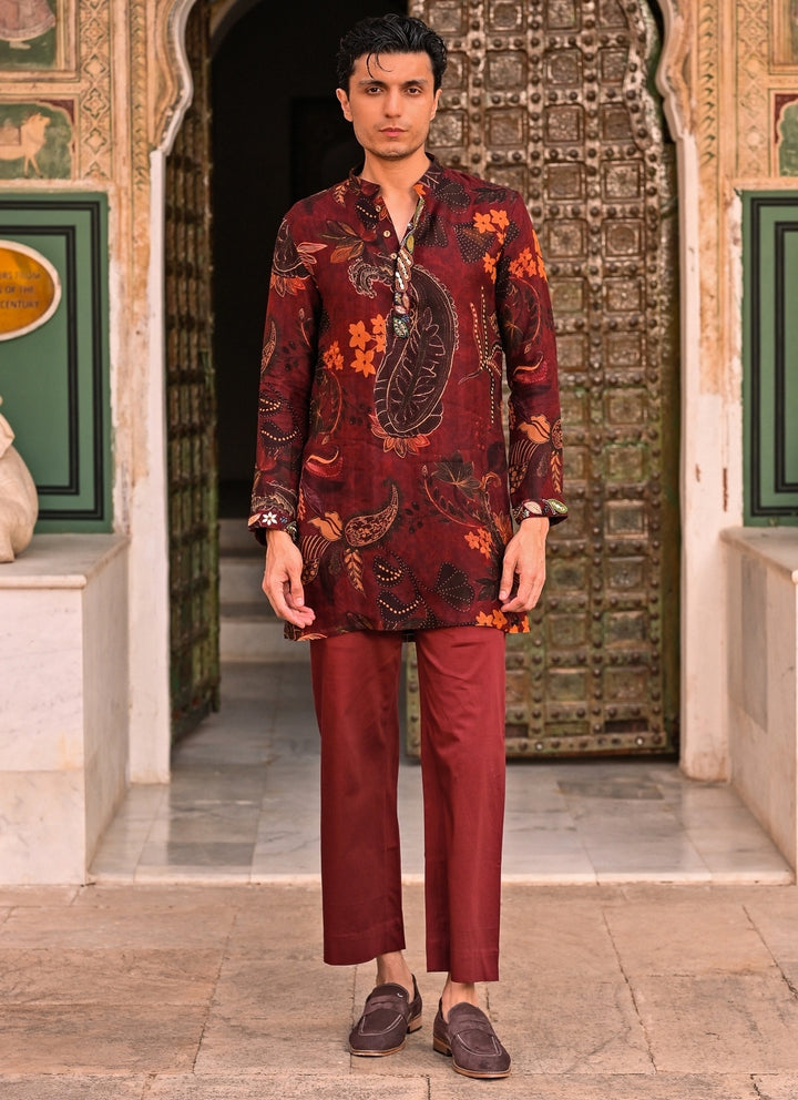 Maroon Red Floral Organza Kurta Pants Set