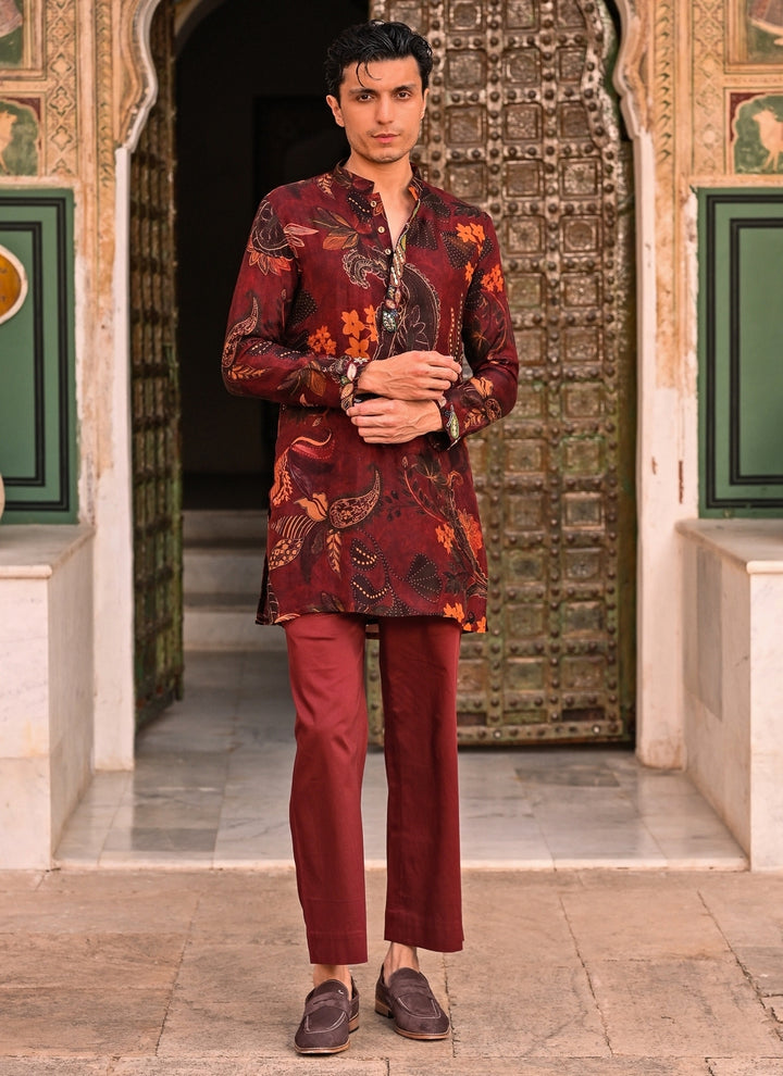 Maroon Red Floral Organza Kurta Pants Set
