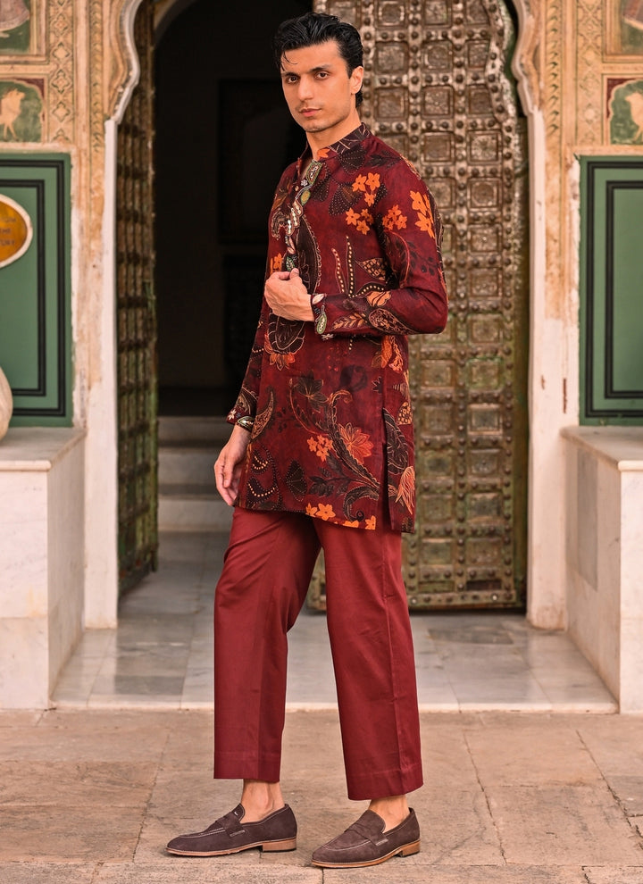 Maroon Red Floral Organza Kurta Pants Set