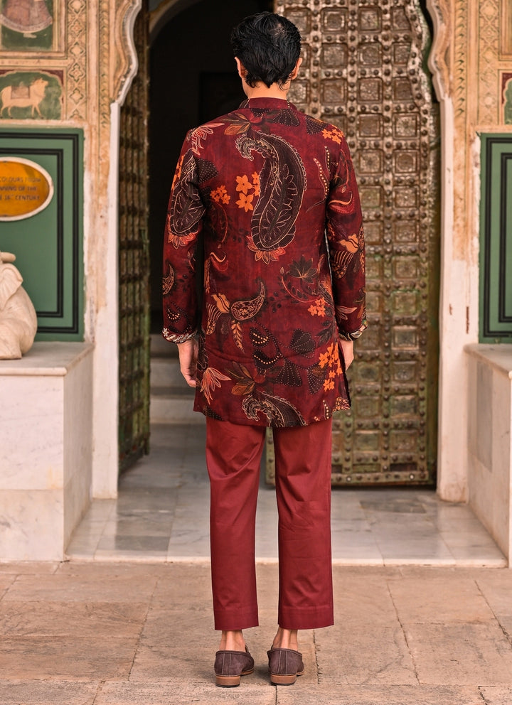 Maroon Red Floral Organza Kurta Pants Set