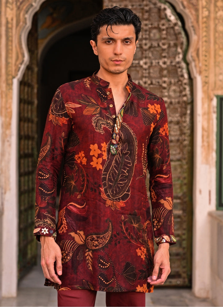 Maroon Red Floral Organza Kurta
