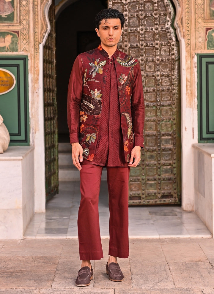 Maroon Red Kurta Set with Printed Organza Half Jacket