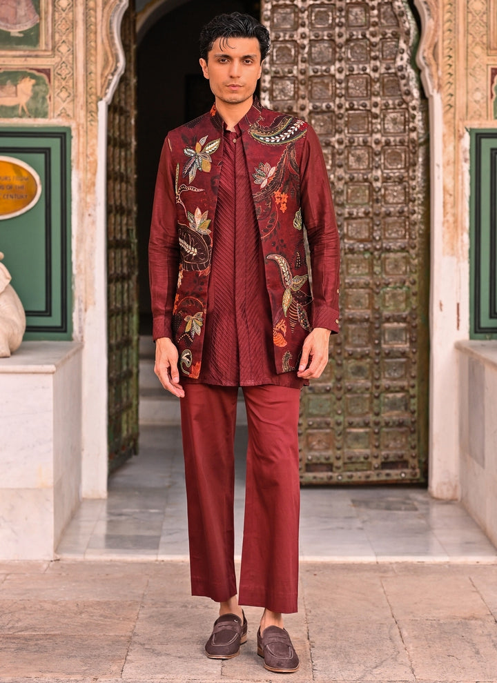 Maroon Red Kurta Set with Printed Organza Half Jacket
