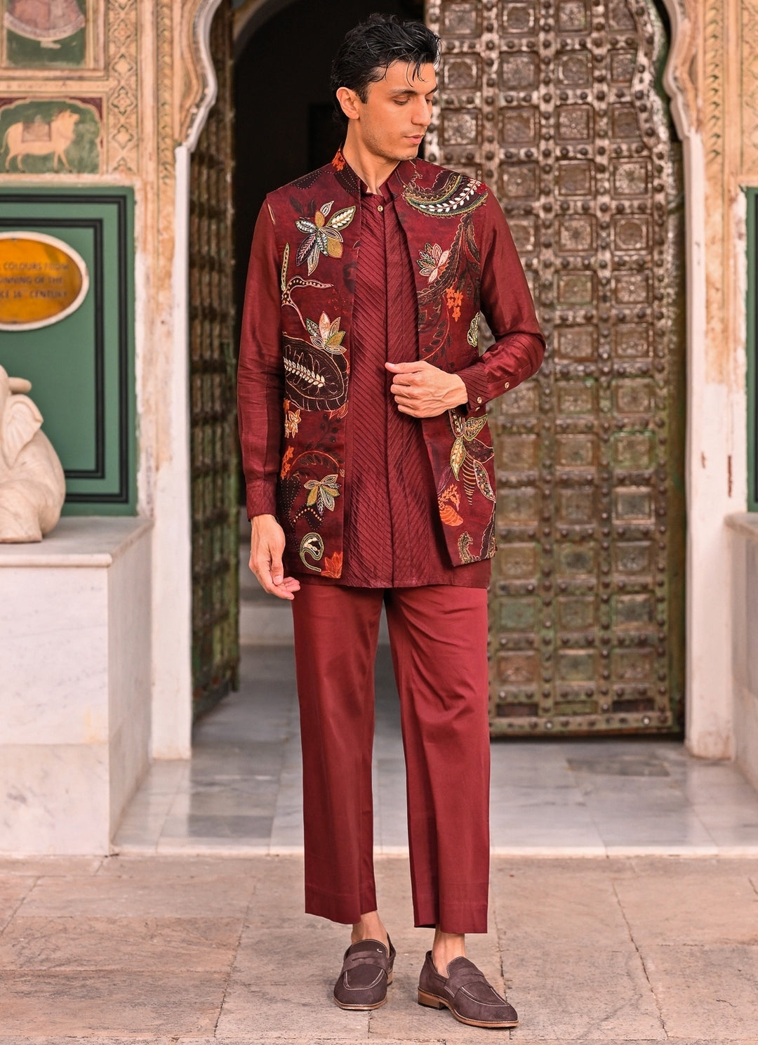Maroon Red Kurta Set with Printed Organza Half Jacket