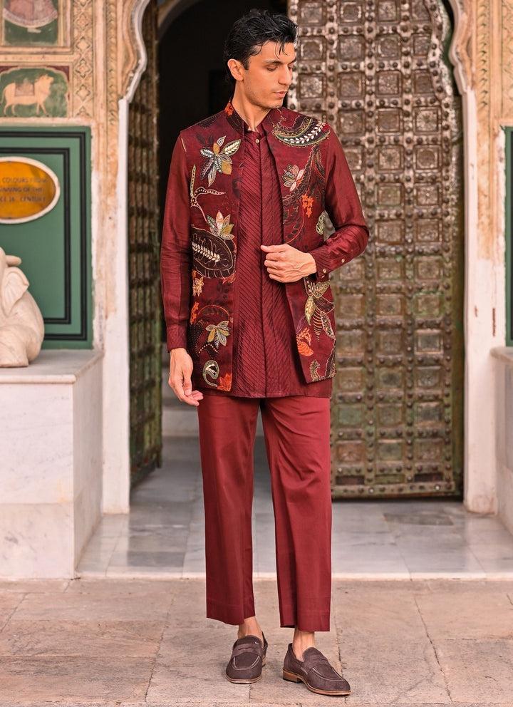 Maroon Red Kurta Set with Printed Organza Half Jacket