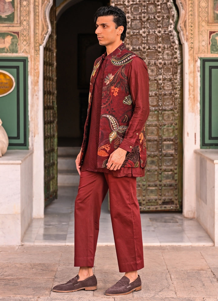 Maroon Red Kurta Set with Printed Organza Half Jacket
