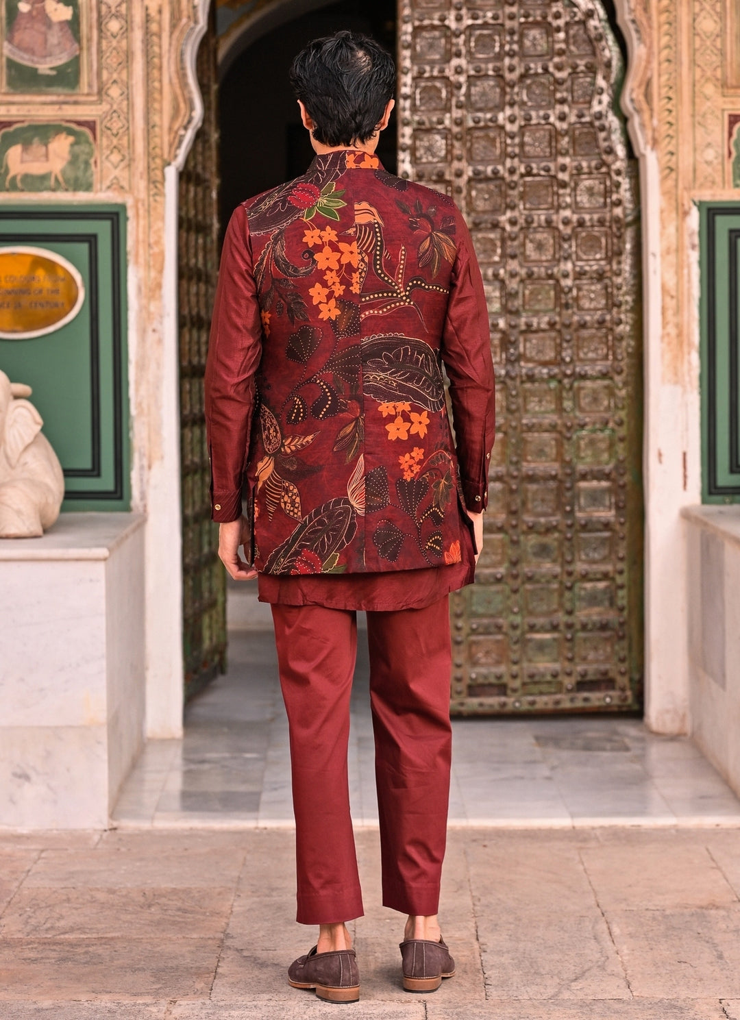 Maroon Red Printed Organza Half Jacket
