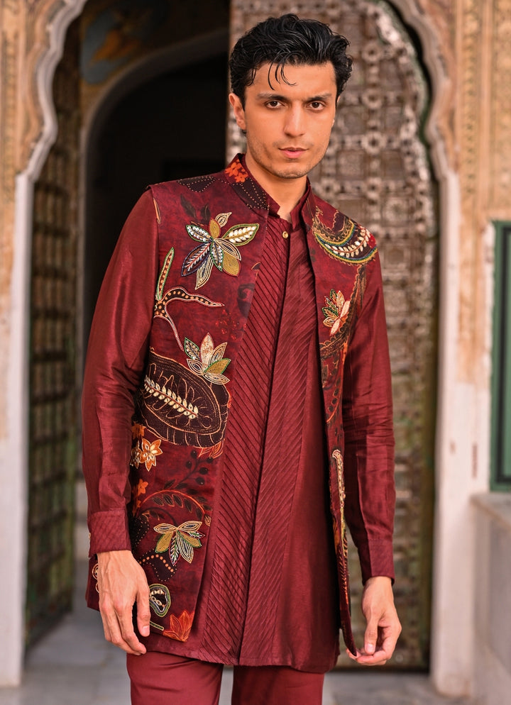 Maroon Red Printed Organza Half Jacket