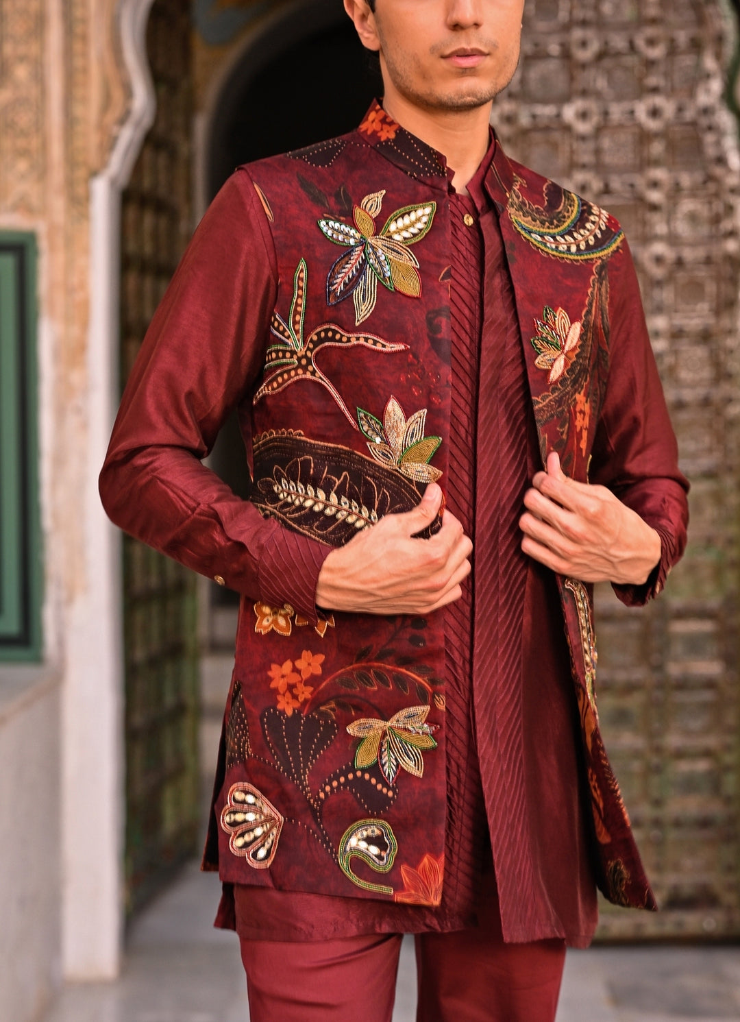 Maroon Red Printed Organza Half Jacket