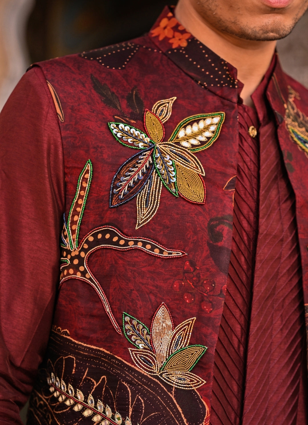 Maroon Red Printed Organza Half Jacket