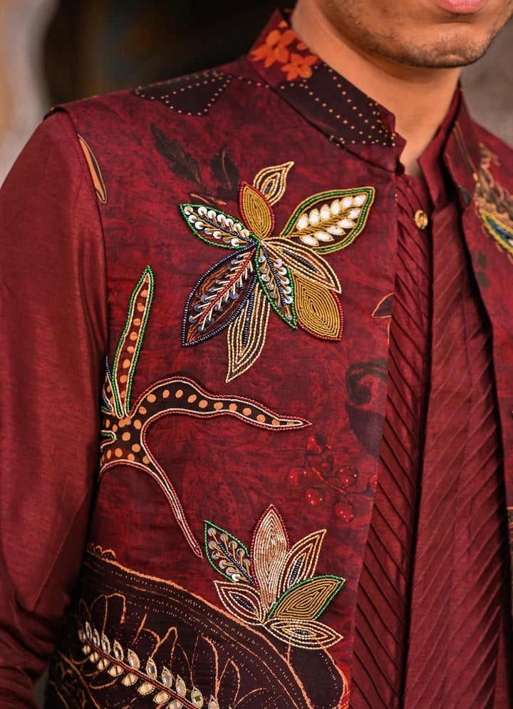 Maroon Red Kurta Set with Printed Organza Half Jacket