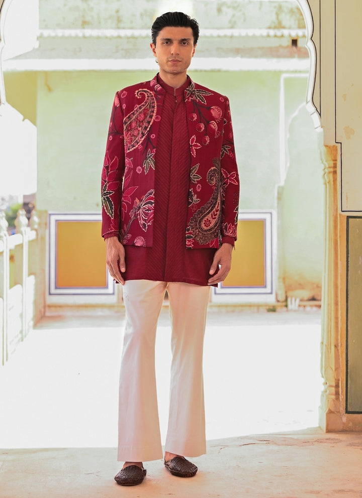 Maroon Red Kurta Set with Printed Organza Achkan
