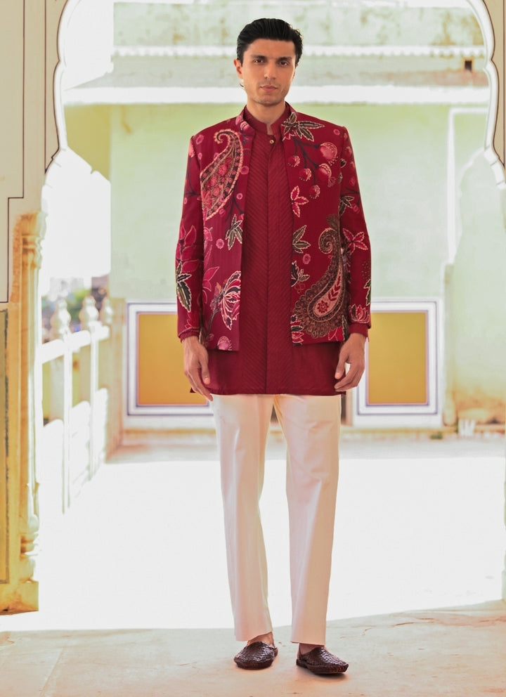 Maroon Red Kurta Set with Printed Organza Achkan