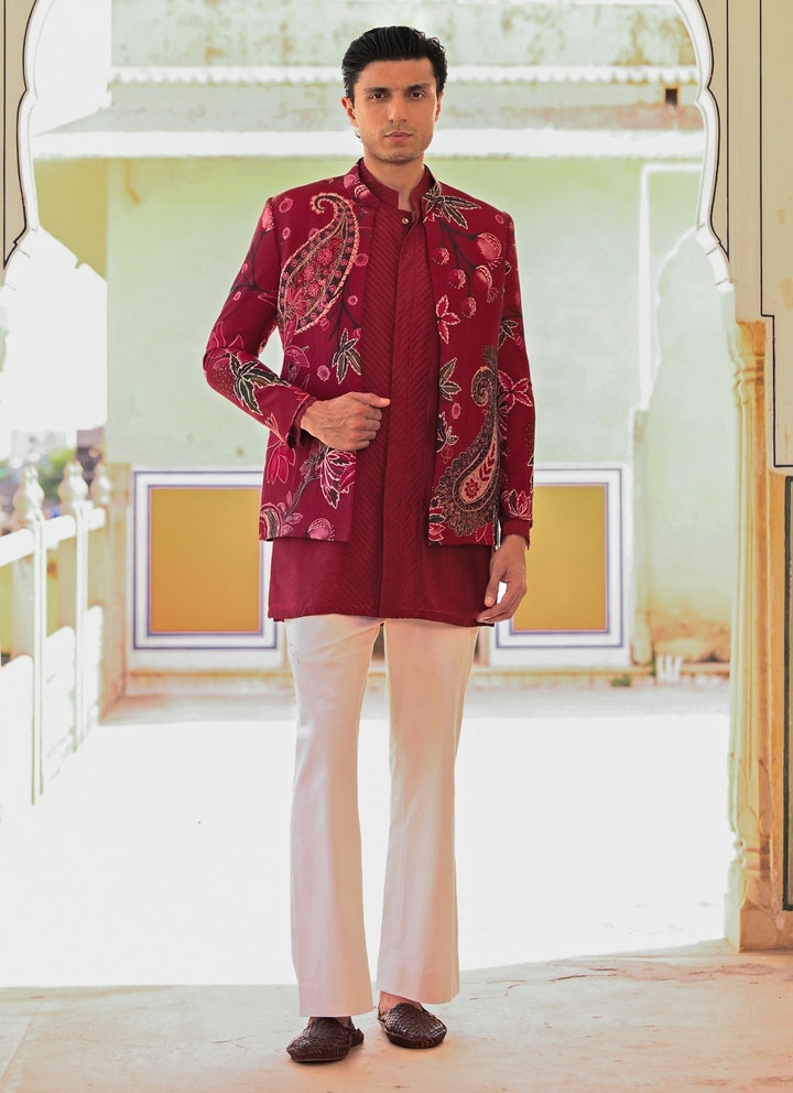 Maroon Red Kurta Set with Printed Organza Achkan