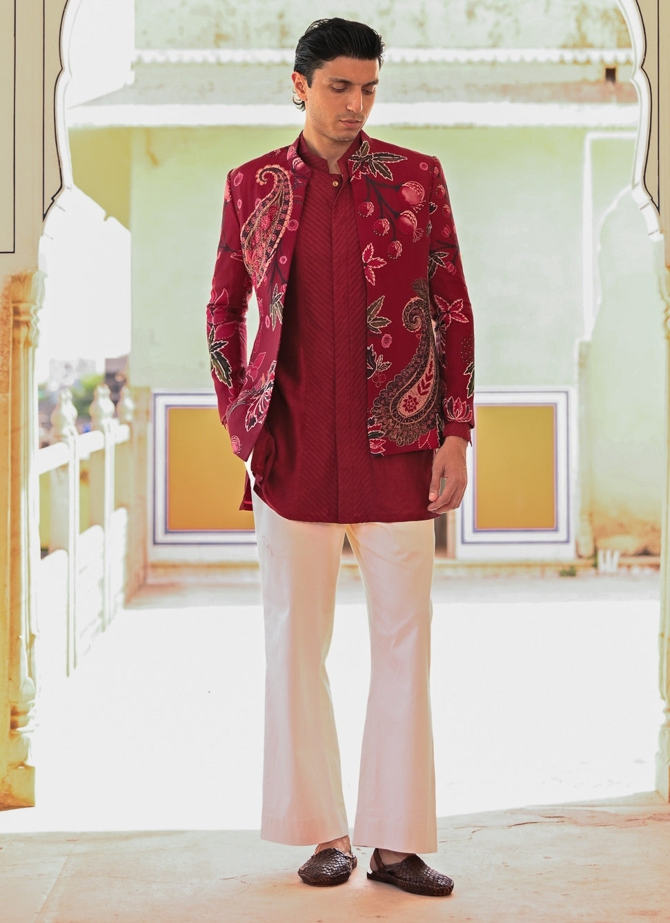 Maroon Red Kurta Set with Printed Organza Achkan