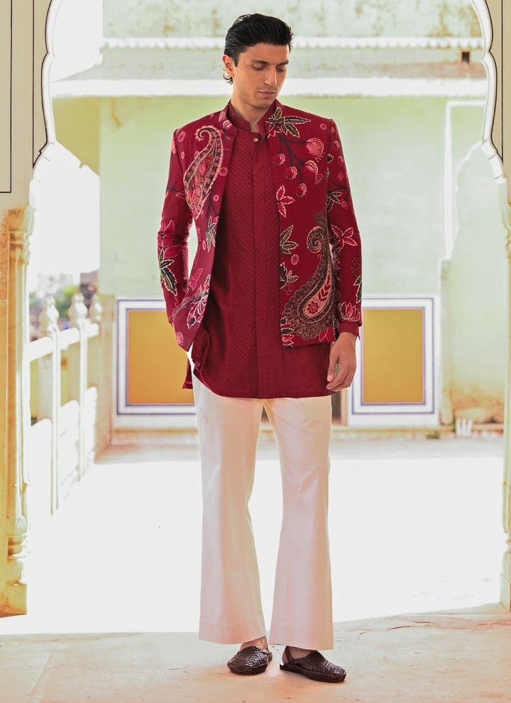 Maroon Red Kurta Set with Printed Organza Achkan