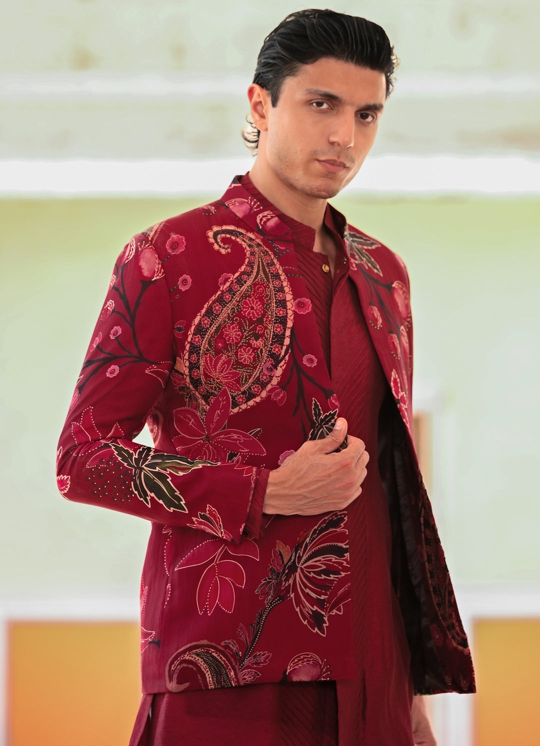 Maroon Red Kurta Set with Printed Organza Achkan