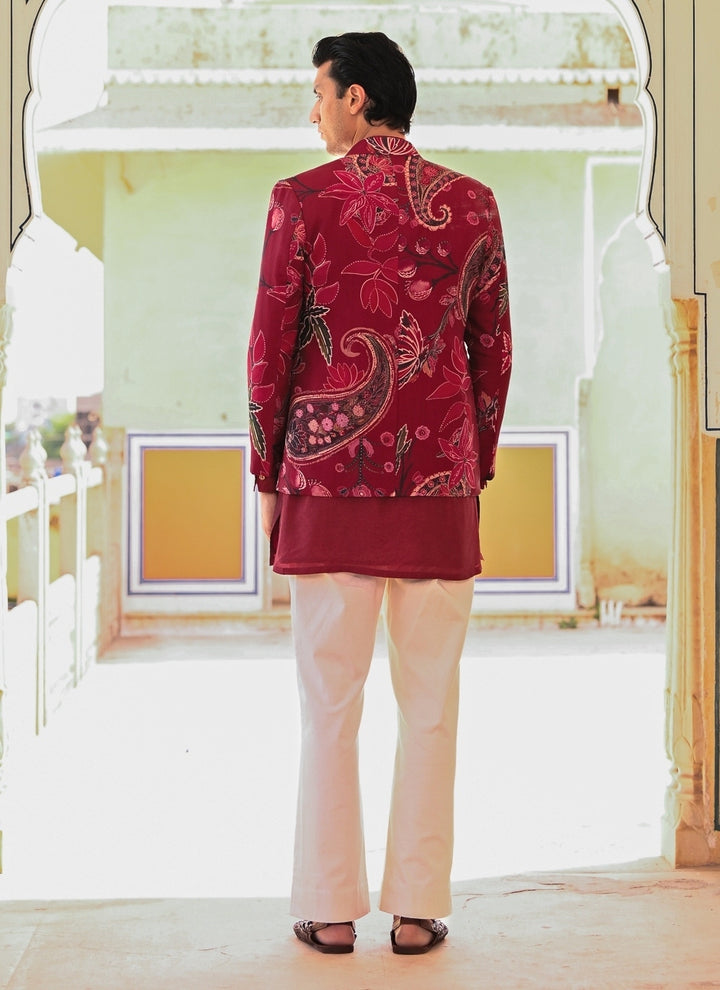 Maroon Red Kurta Set with Printed Organza Achkan