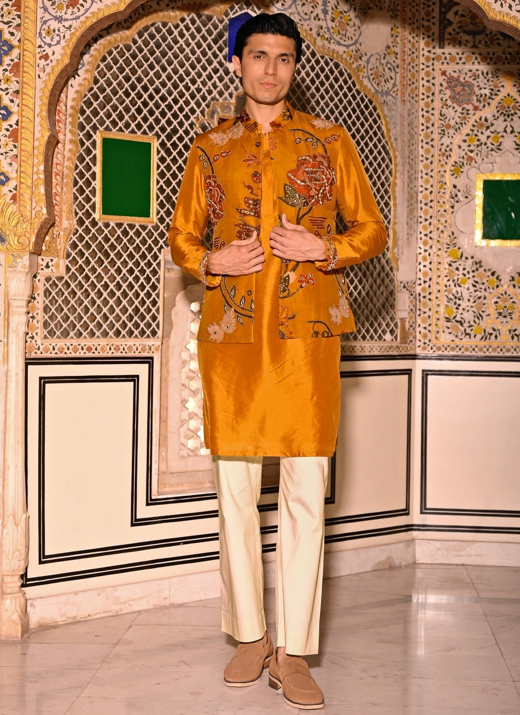 Mustard Yellow Embroidered Organza Bundi