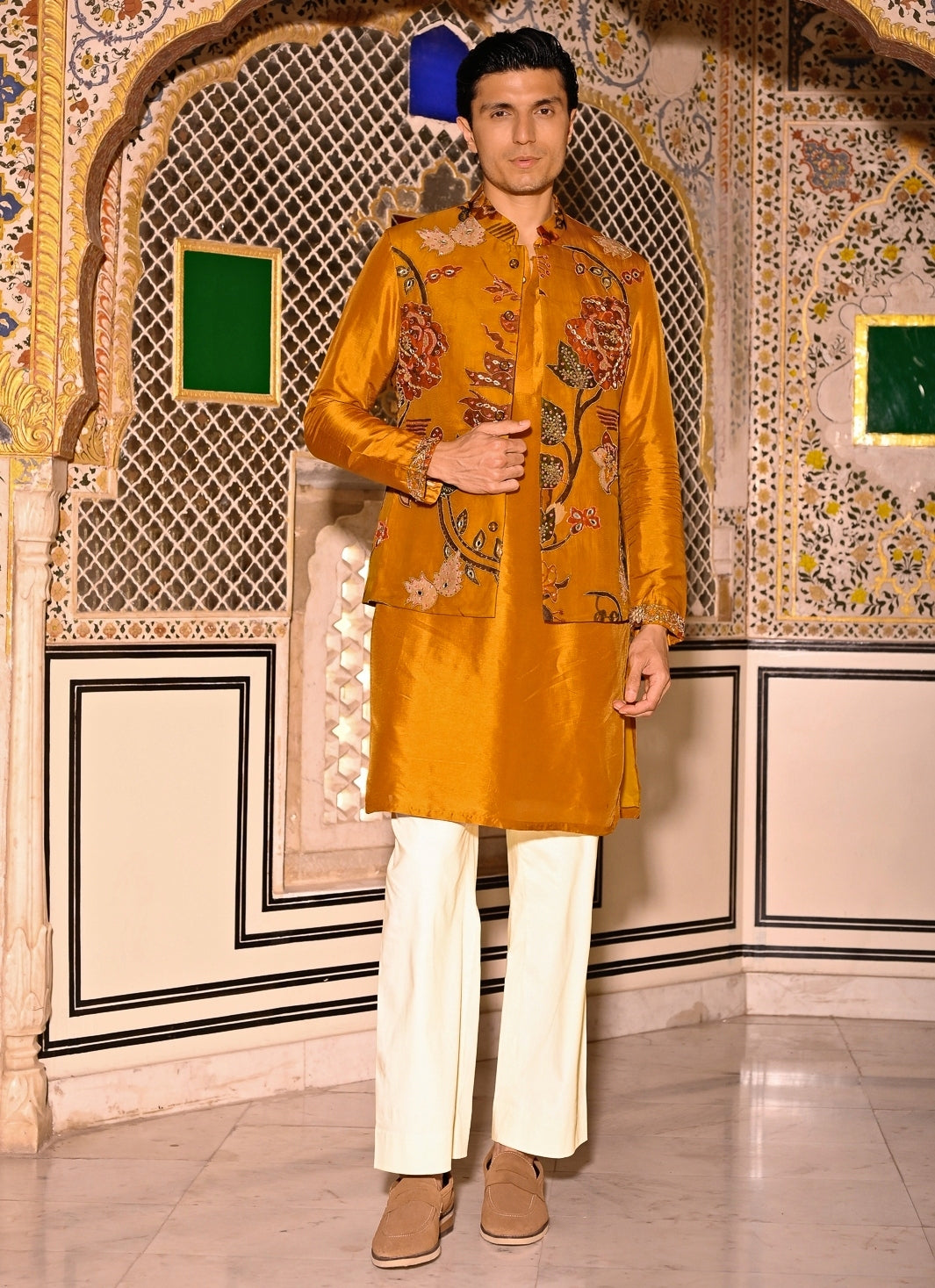 Mustard Yellow Kurta Set with Embroidered Organza Bundi