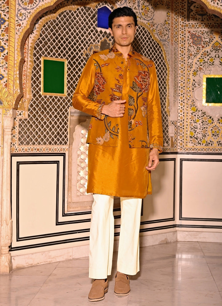 Mustard Yellow Kurta Set with Embroidered Organza Bundi