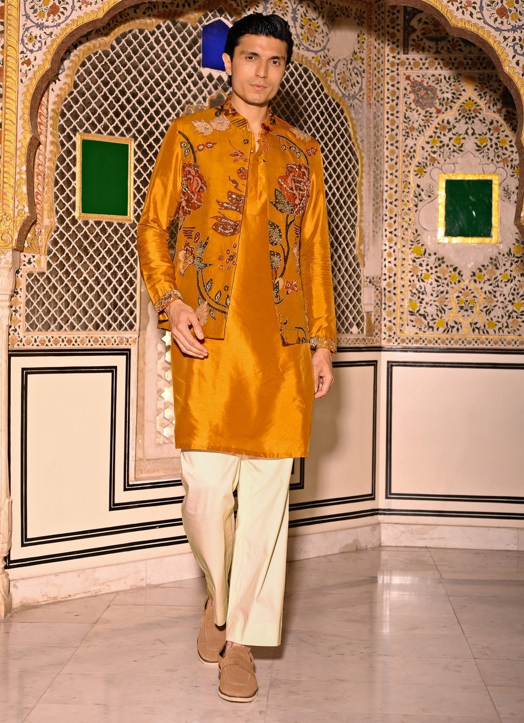 Mustard Yellow Kurta Set with Embroidered Organza Bundi