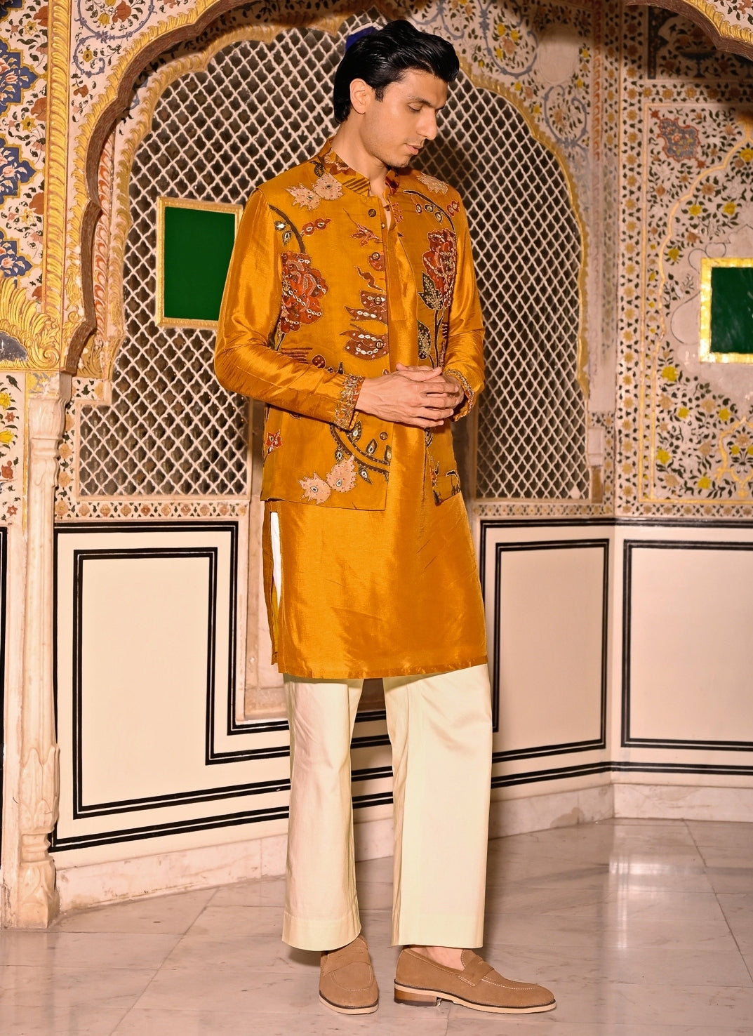Mustard Yellow Kurta Set with Embroidered Organza Bundi