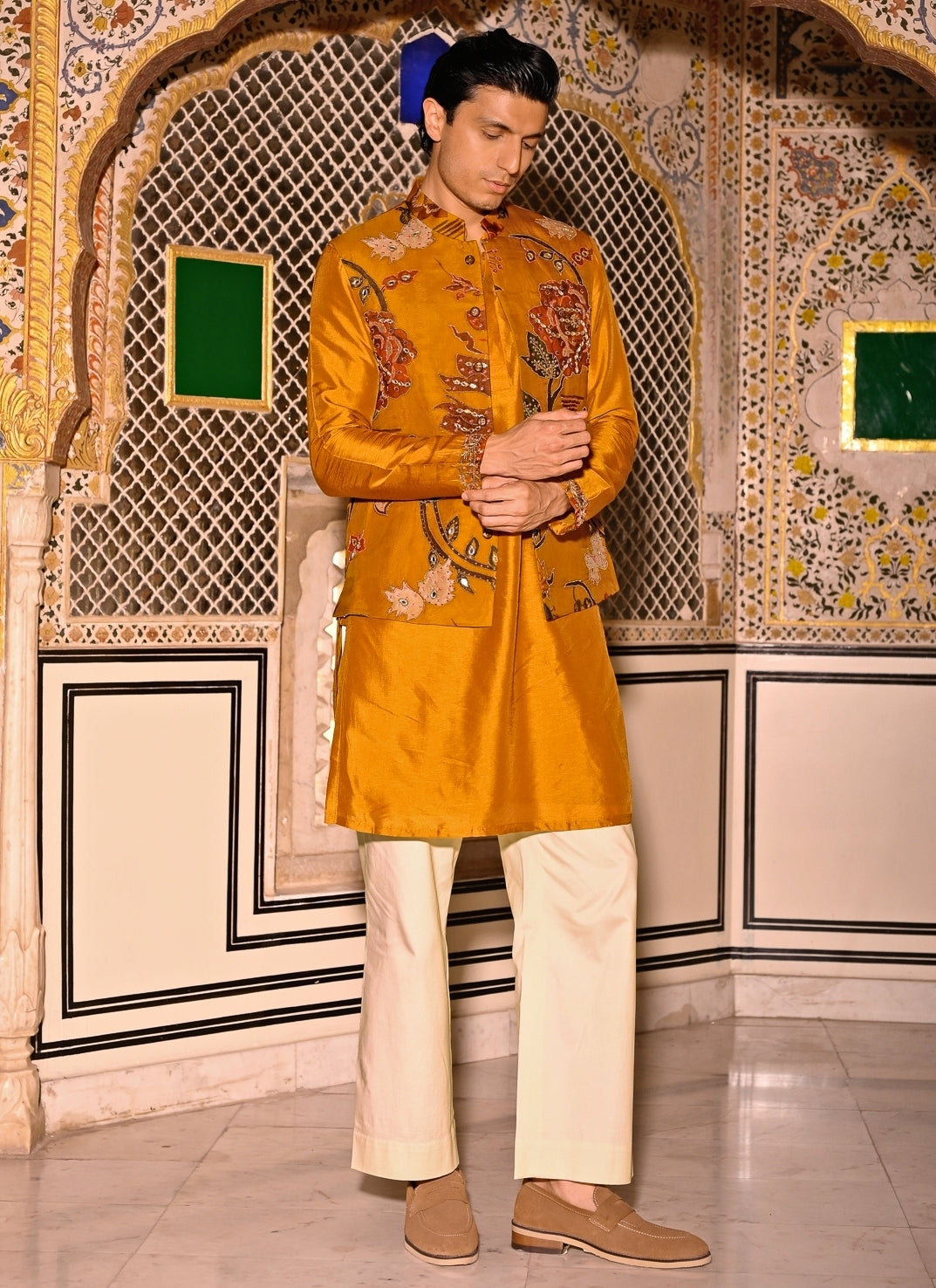 Mustard Yellow Kurta Set with Embroidered Organza Bundi