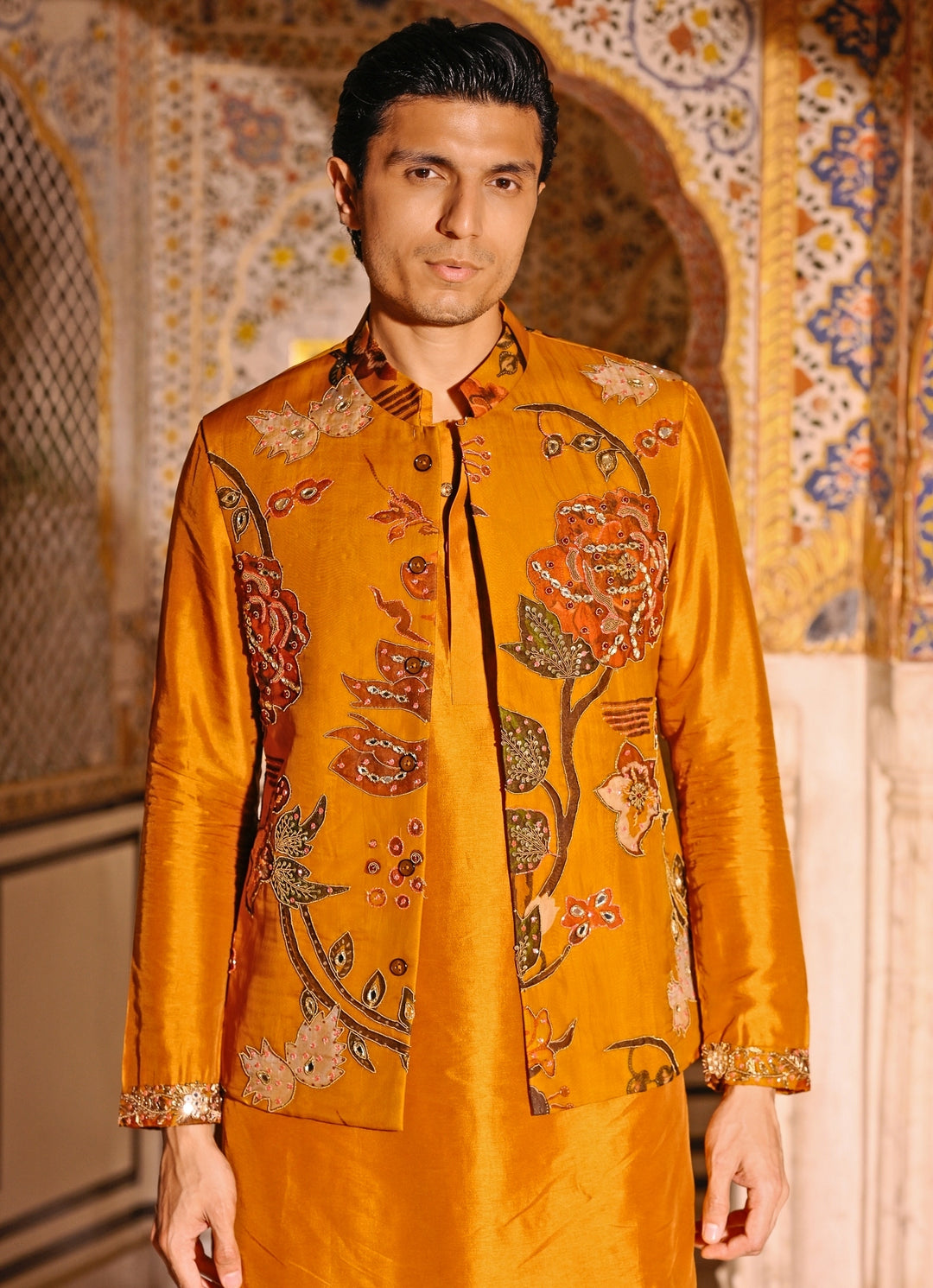 Mustard Yellow Embroidered Organza Bundi