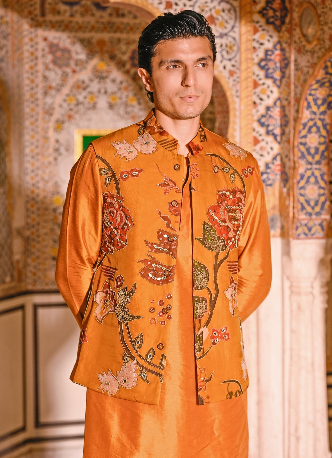Mustard Yellow Embroidered Organza Bundi