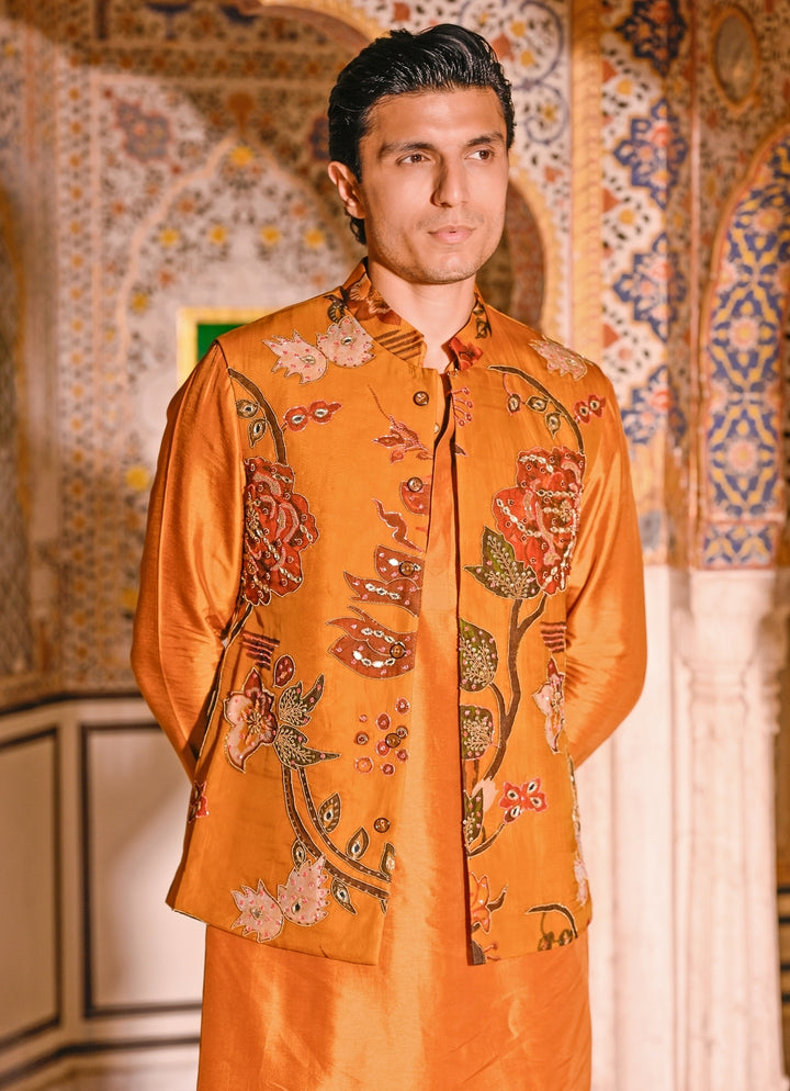 Mustard Yellow Kurta Set with Embroidered Organza Bundi