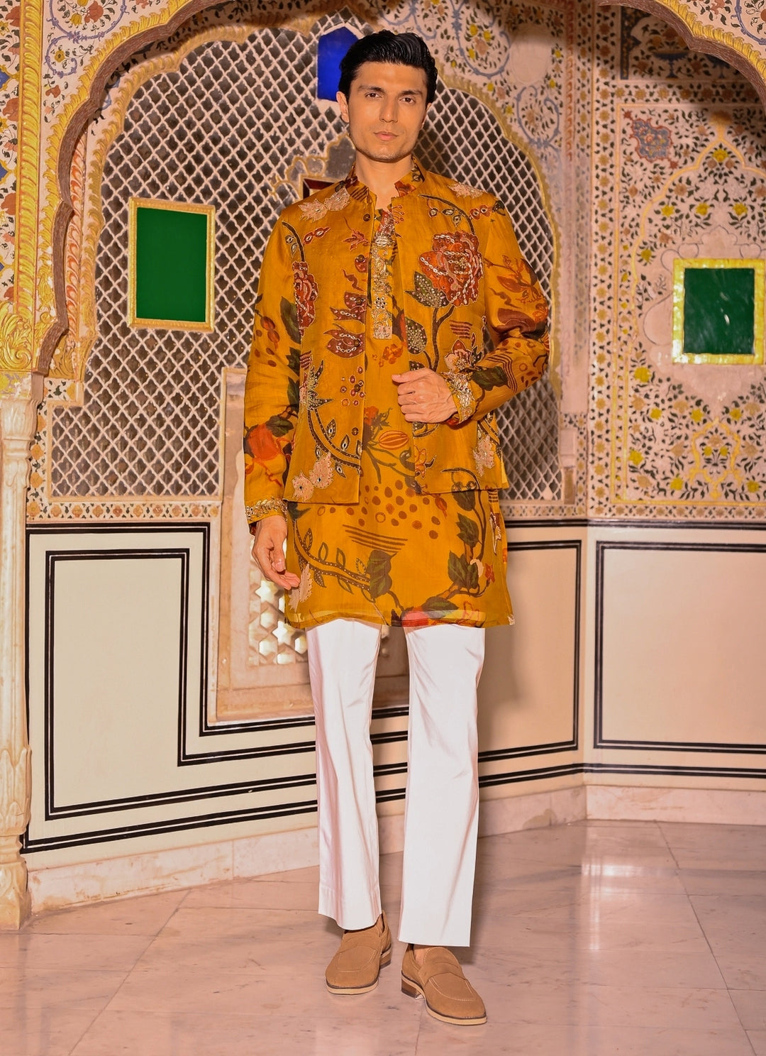 Mustard Yellow Printed Organza Bundi