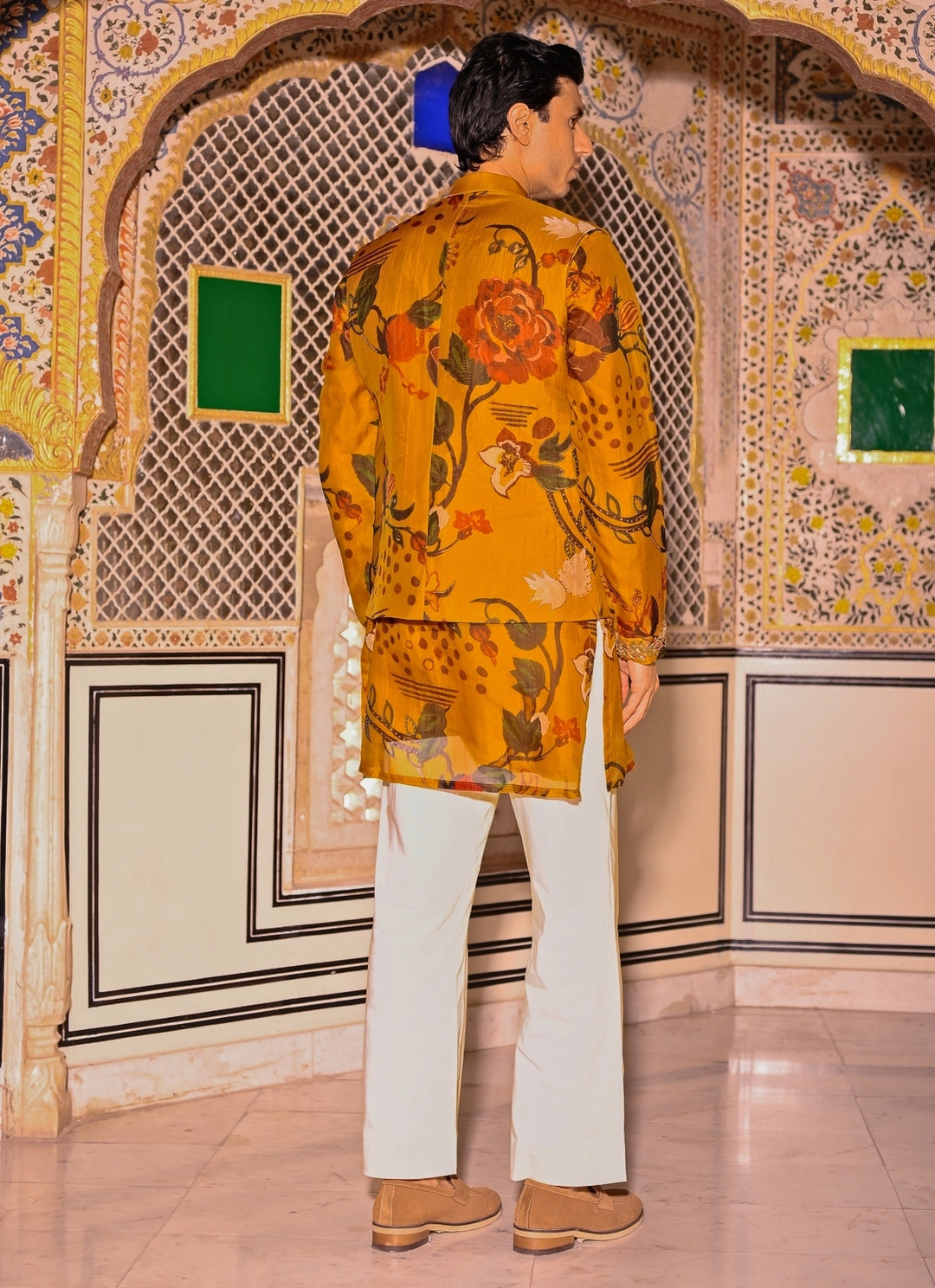 Mustard Yellow Printed Organza Bundi