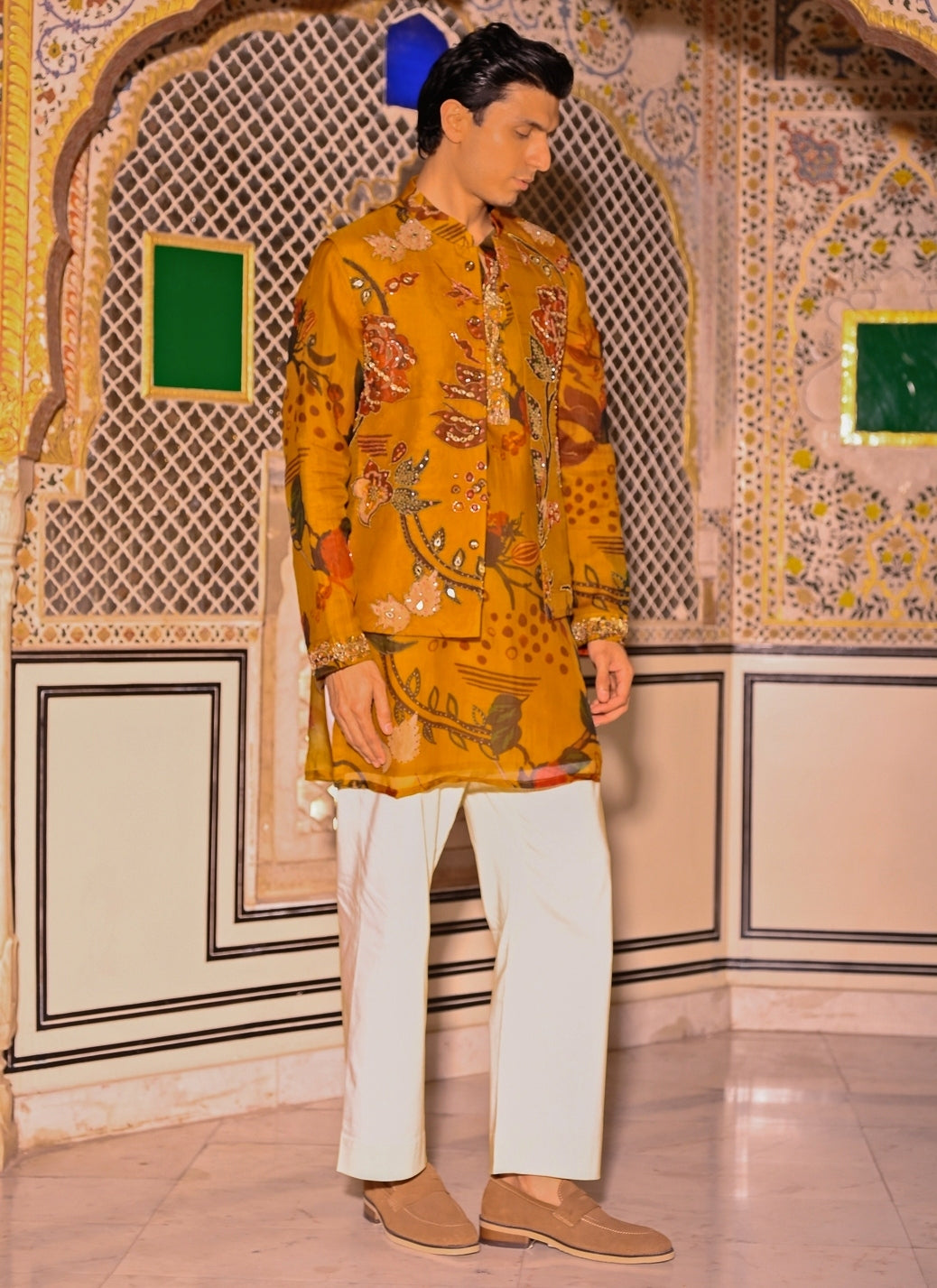 Mustard Yellow Printed Organza Kurta Set with Bundi