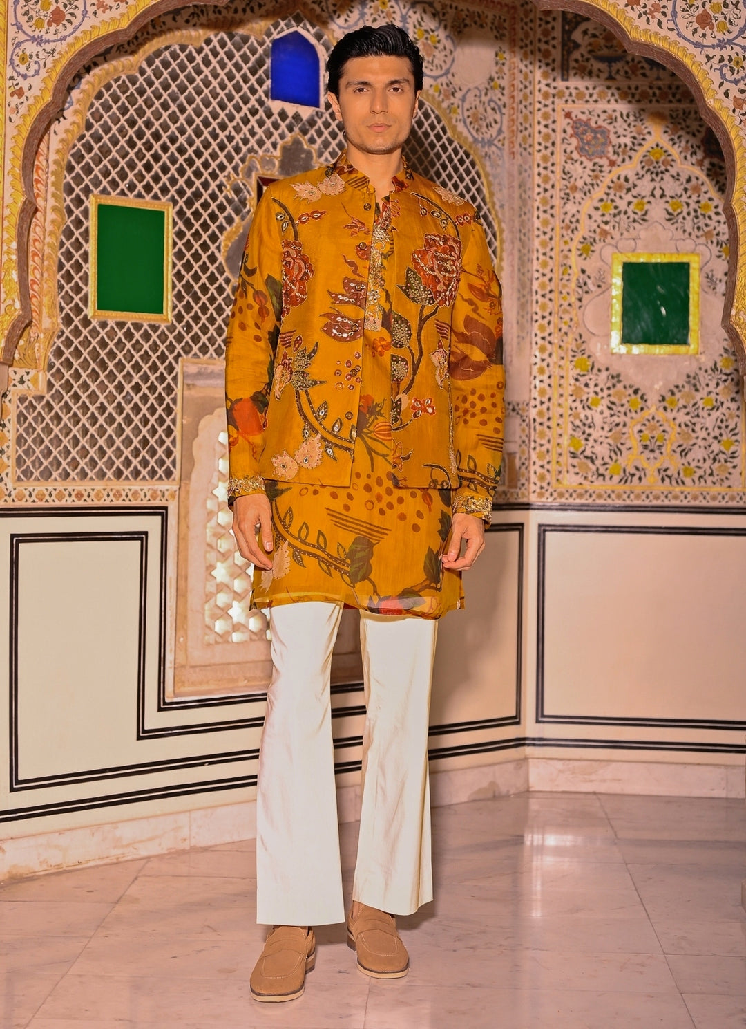 Mustard Yellow Printed Organza Kurta Set with Bundi