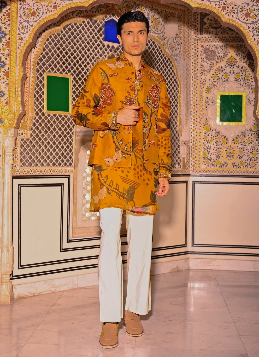 Mustard Yellow Printed Organza Kurta Set with Bundi