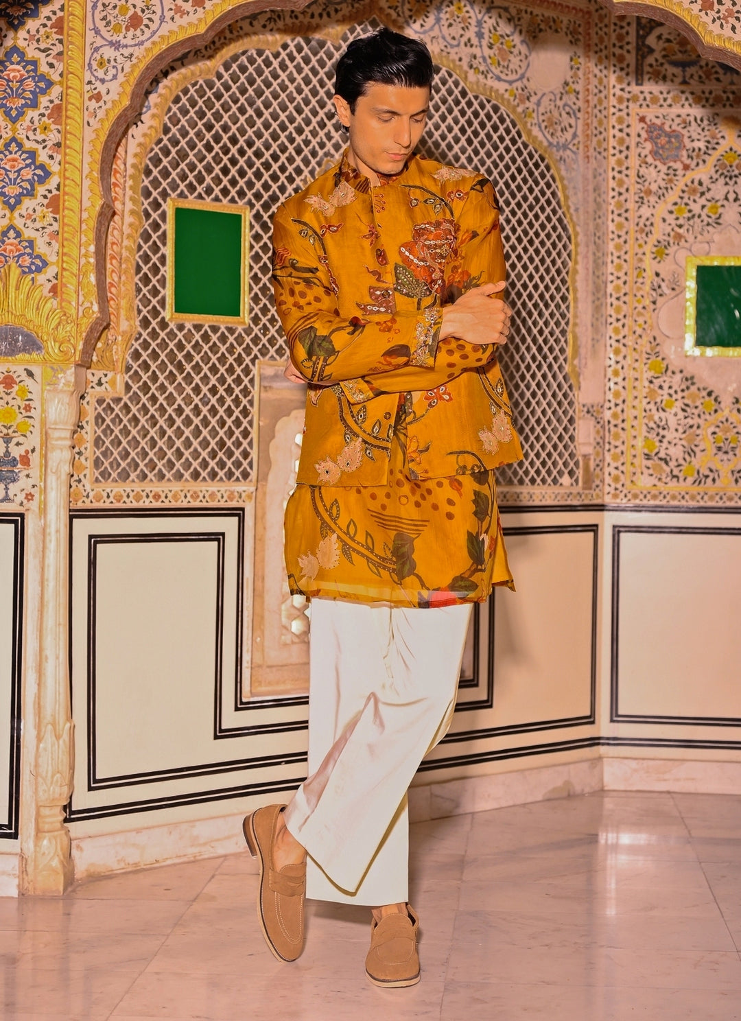 Mustard Yellow Printed Organza Bundi