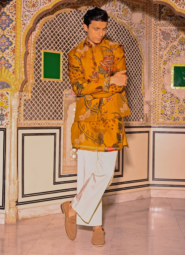 Mustard Yellow Printed Organza Bundi