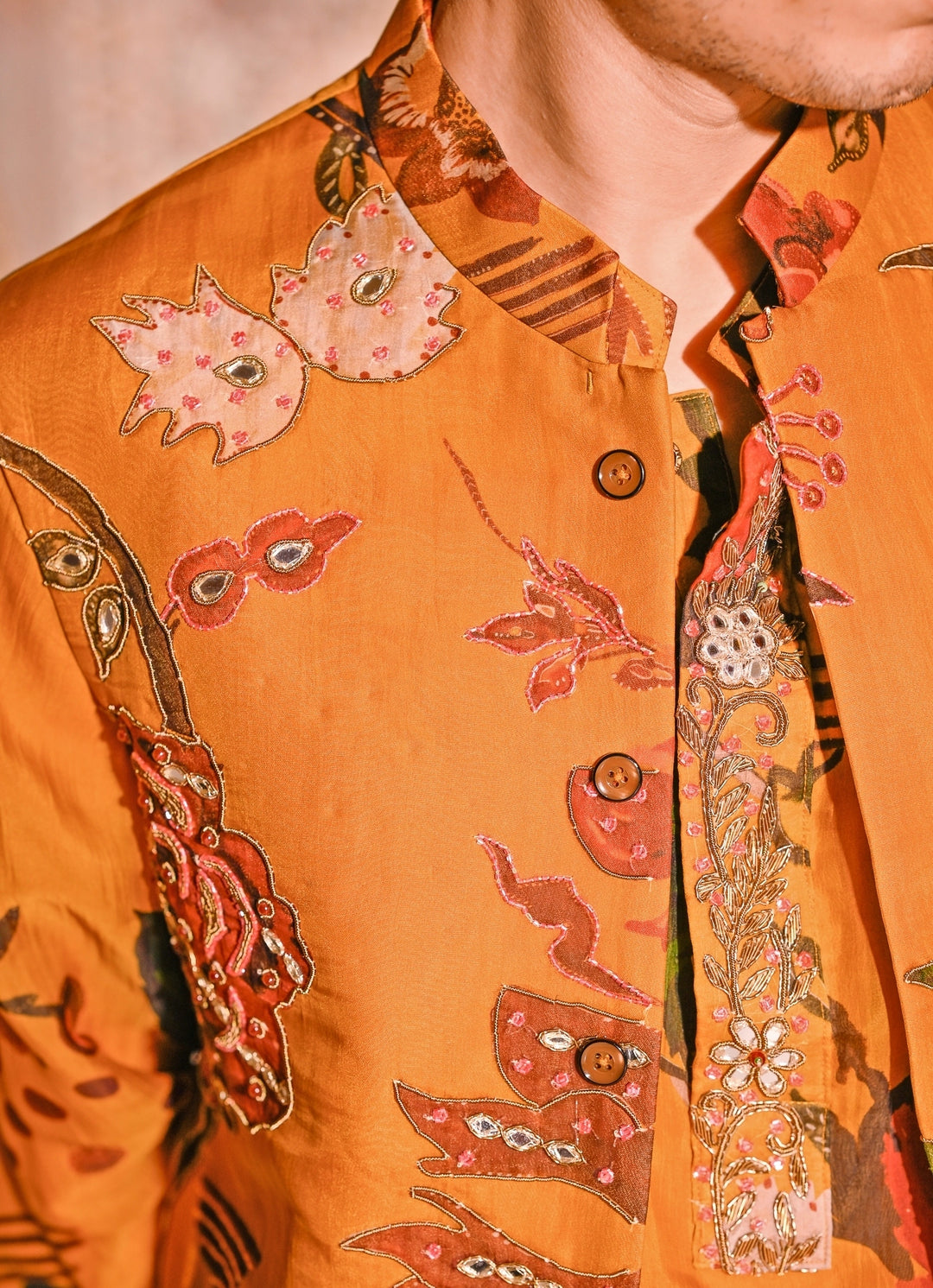 Mustard Yellow Printed Organza Kurta Set with Bundi